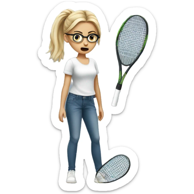 blond and very white tall german girl wearing jeans and normal clothes. She wear glasses and her hair with a bun.  She holds a tennis racket at hand and her face expression is scared sticker