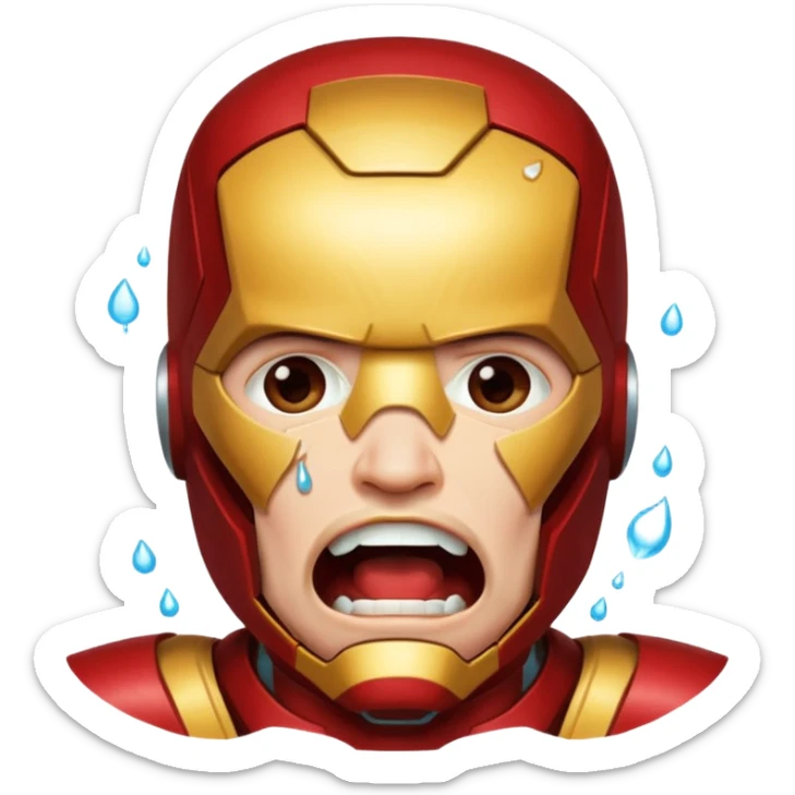 Create a man in an Iron Man costume who is crying with his mouth open and tears flowing sticker
