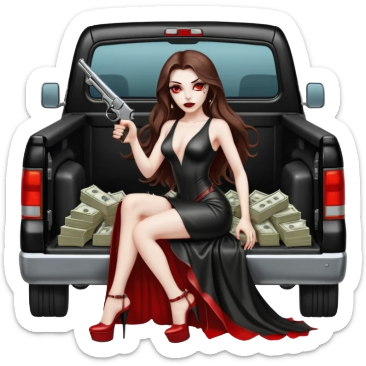 Lilith symbol red eye seductress evil long brown haired sexy succubus woman with leather long dress with slit on, sitting in Big Large F350 pickup truck. Platform long high heels on feet. Back seat full of stacks of cash, she is  Holding a human skull of her enemies and a gun in other hand sticker