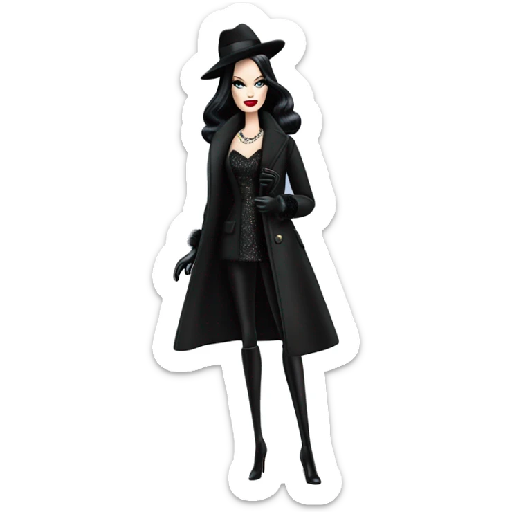 Silkstone Dazzling Winter Barbie Morticia Addams .  Wearing coat gloves boots hat sticker