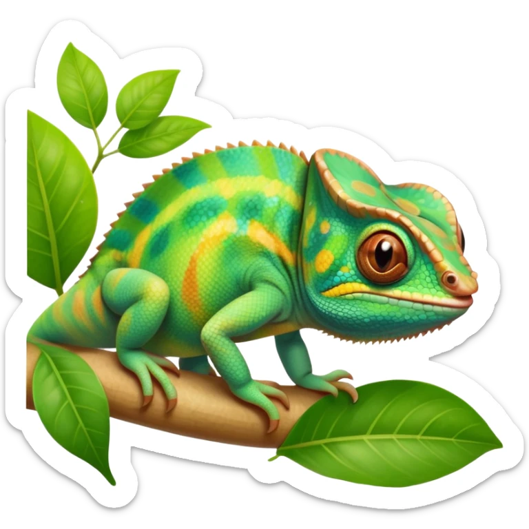 cinematic cute-smiling baby chameleon-realistic emoji,-blending-with-vibrant-greenery.-detailed-scales-in-shifting-colors,-showing-the-chameleon’s-ability-to-camouflage.-soft-natural-light-highlights-its-texture.-light-background, zoomed into its face sticker