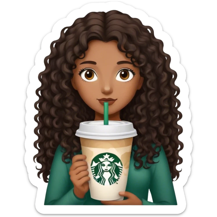 Girl with medium brown  skin light brown eyes/  black brown curly long hair with Starbucks  sticker
