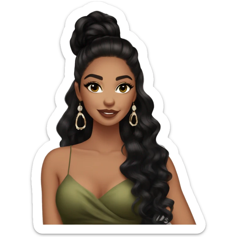 Glamorous, cocktail dress, black balayage hair, long wavy hair, olive skin, brown almond eyes, winged eyeliner with big lashes, wearing hooped earrings, rings and bracelets  sticker