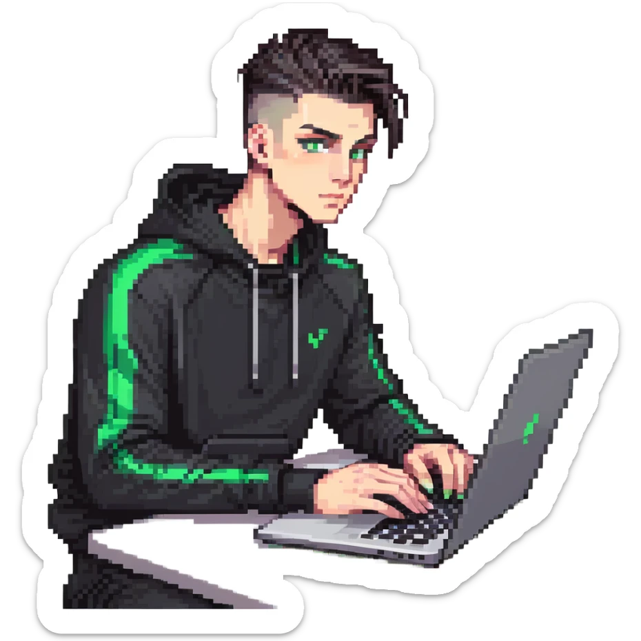 male with dark hair, high fade haircut, high slick back hairstyle, green eyes, wearing a black tracksuit, coding on black laptop sticker