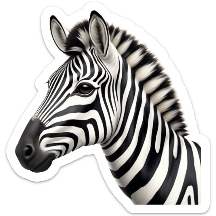 Cinematic Noble Zebra Portrait Emoji, Poised and regal, with a lean, elegant build, a long, graceful equine snout and striking fur of bold black and white stripes, deep-set soulful piercing eyes, Simplified yet sharp and sophisticated features, highly detailed, glowing with a soft, dignified glow, high shine, intelligent and graceful, stylized with an air of savannah chic, focused and attentive, soft glowing outline, capturing the essence of a watchful and confident equine that feels as though it could gallop out of the screen with effortless authority! sticker