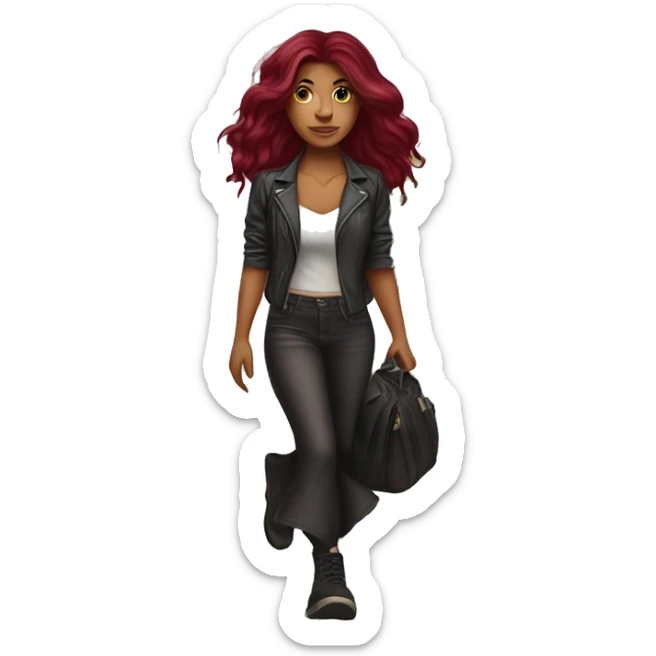 Beautiful tattooed  burgundy long haired woman crossing the street sticker