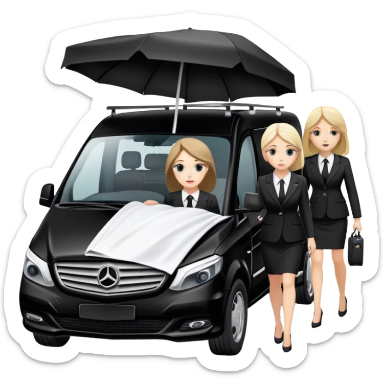 2 woman in suits pushing a stretcher in to a black mercedes Vito funeral van  sticker