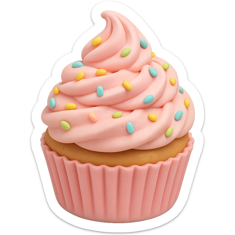Add colorful sprinkles to the pink icing, keep the fondant cake art style and transparent background. sticker