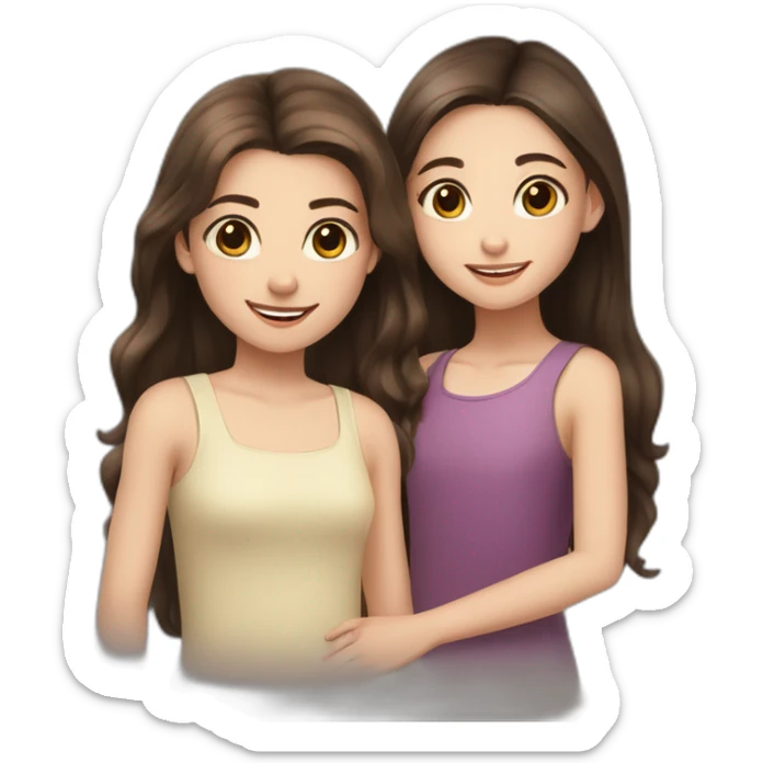 pale tween girl with brown hair and brown eyes and long eyelashes standing with her arm around another pale girl with dark shoulder length hair and dark brown eyes both girls smiling sticker