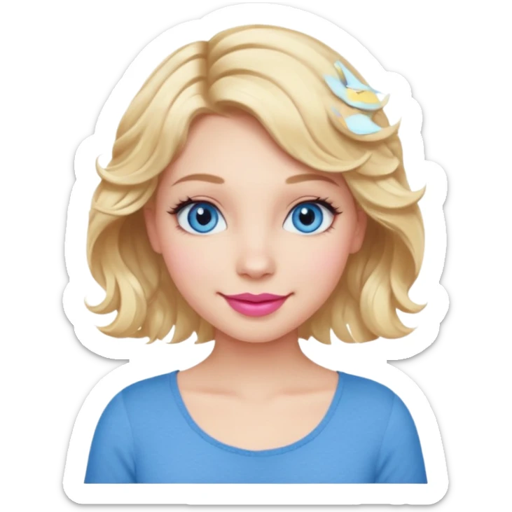 Girl Blonde short wavy hair,  blue eyes, cute blue top, long lashes, pink lips, smiling, 💁🏻‍♀️  sticker