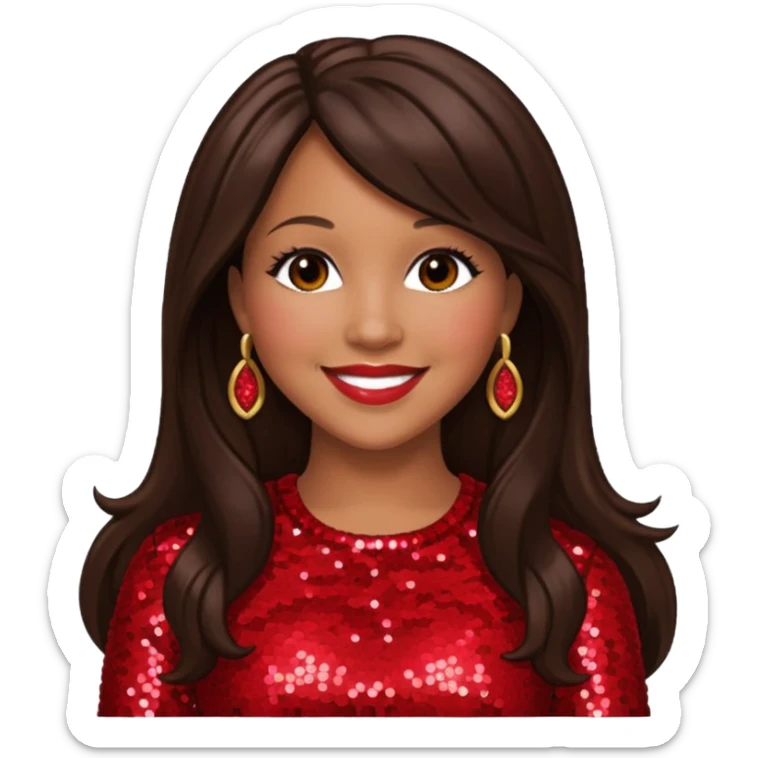 Erica Campbell from Mary Mary with long dark brown hair, red sequin outfit sticker