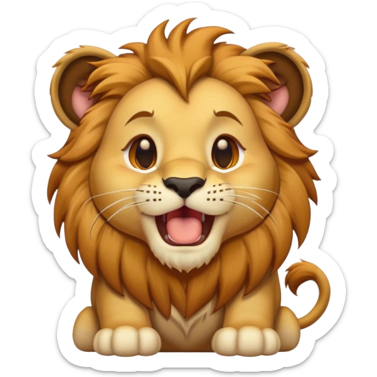 Cinematic Cute Yawning Lion Cub Portrait Emoji, Head tilted slightly with a dramatic, wide-open yawn, showcasing a soft, downy tawny Fur with a majestic mane, floppy ears slightly drooping, round amber eyes barely open in drowsy contentment, Simplified yet irresistibly adorable features, highly detailed, glowing with a soft, cozy glow, high shine, relaxed yet expressive, stylized with a touch of savannah whimsy, bright and endearing, soft glowing outline, capturing the essence of a sleepy yet affectionate Lion Cub, so drowsy it feels like it could stretch out of the screen and curl up for a nap! sticker