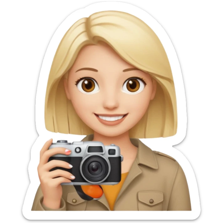  femme blonde yeux marron qui tient un appareil photo sticker