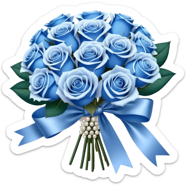 A luxurious bouquet of deep blue and pastel blue roses, elegantly wrapped in pearl satin ribbon, with delicate silver baby's breath flowers adding a shimmering touch sticker