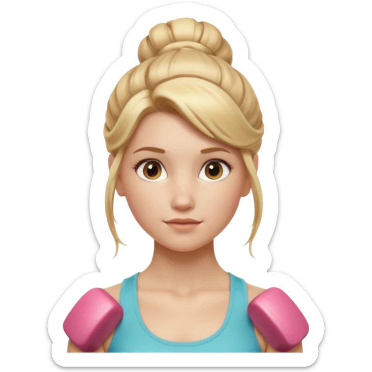 Cinematic Realistic Workout Girl Portrait, depicted with lifelike skin texture, subtle rosy undertones, and soft natural lighting that enhances the gentle contours of her face. Her intricately detailed golden blonde hair is elegantly styled in an updo, sticker