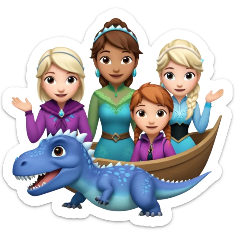 4 chicas montadas en una atraccion de levantando la mano con orejas de dines puestas en una atracción, la barca esta diseñada con dibujos de frozen sticker
