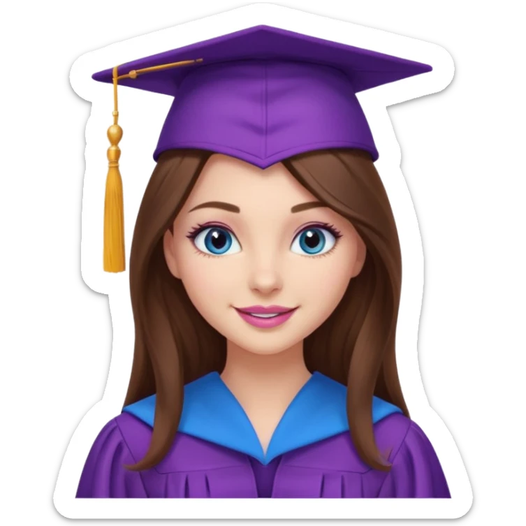 girl with gorgeous long brown hair, blue eyes, long lashes makeup, sexy pink lips, wearing a purple graduation cap and gown sticker