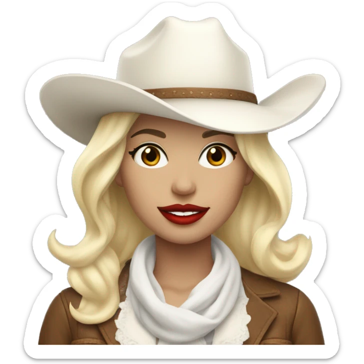 cowgirl with a white hat and white scarf and blonde short hair with red lipstick sticker
