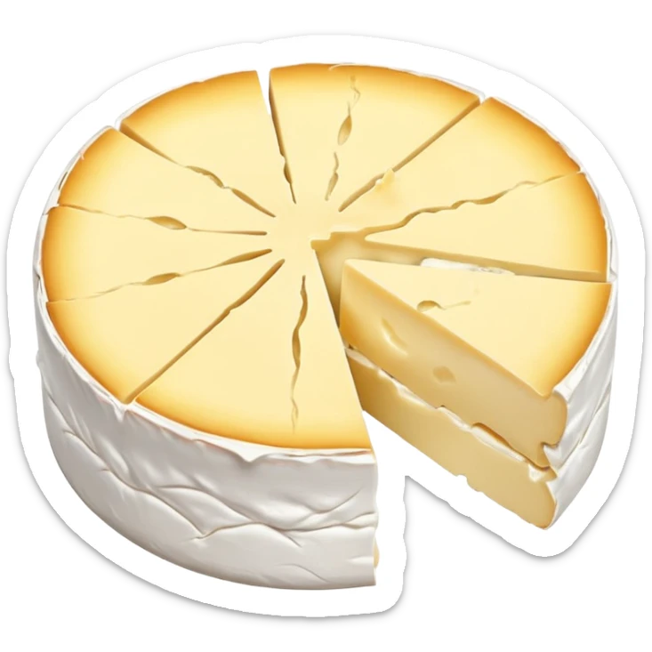 small round wheel of camembert cheese with white bloomy rind and creamy pale yellow interior, one slice cut out showing soft slightly oozing center, smooth rich texture, subtle wrinkled rind, no box or extras, soft lighting, subtle shadows, emoji scale sticker