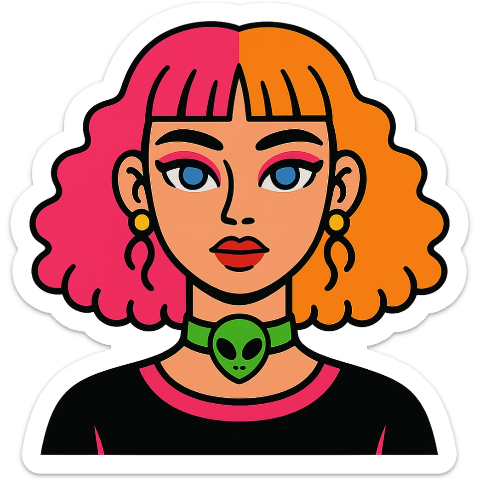 girl with blue eyes, pink makeup, narrow eyebrows, earrings, green alien head choker, black and pink blouse, curly hair to shoulders, hair half hot pink and half ginger, short straight baby bangs sticker
