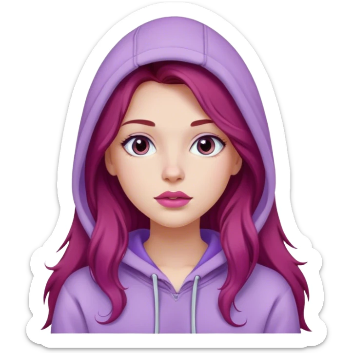 Dark red long hairt fair skinned Girl with pink lips wearing a lilac colored hoodie  sticker