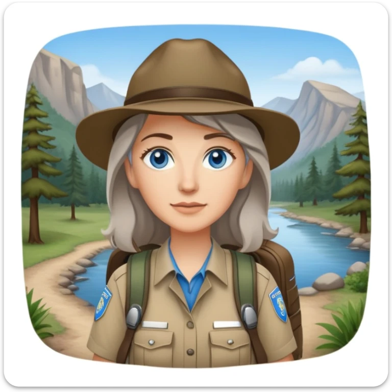 white woman park ranger with blue eyes, brown and gray hair, wearing a backpack, standing in a nature background sticker