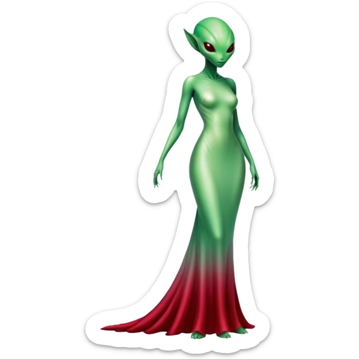 reptilian green alien woman, in( long slim pastel color:#FFFFFF formal party satin dress with gradient shiny sparkling dark red), full figure, full body sticker