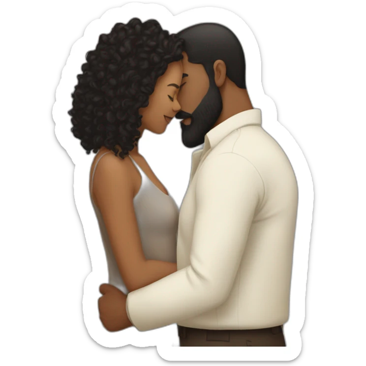 Brown man with a smooth black hair and a black beard kissing a white woman with long brown curly hair sticker