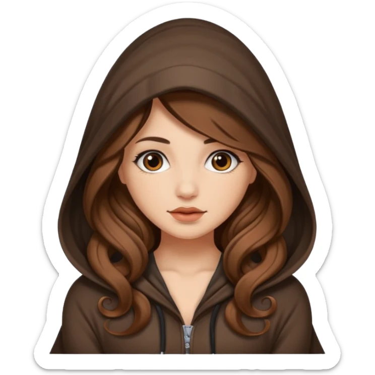 cute woman long wavy brown hair tattoos curled inside hood sticker