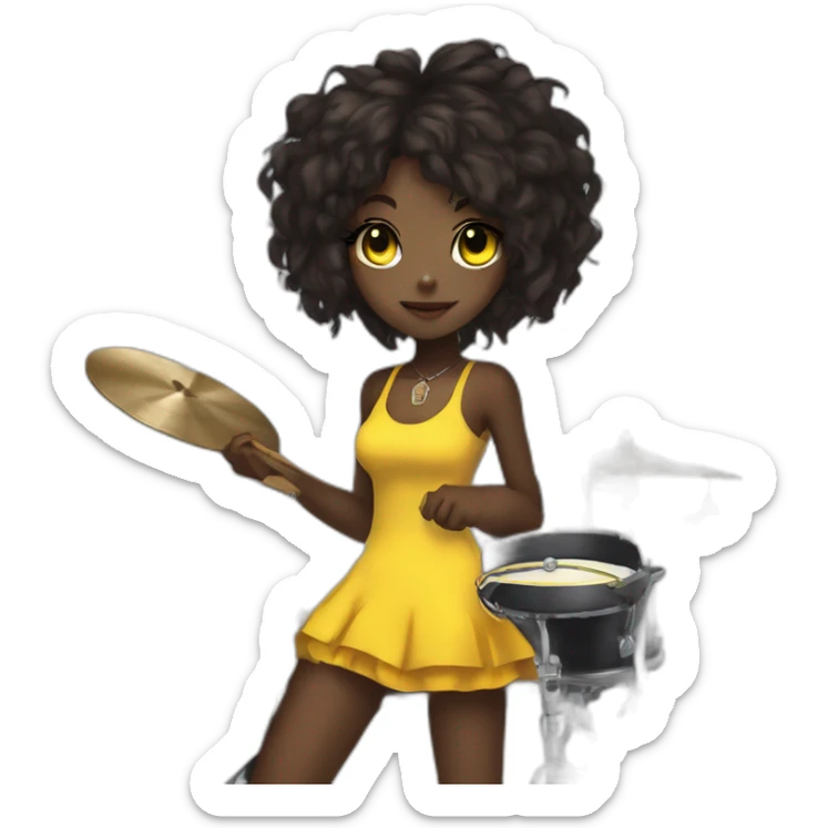 cute punk girl in yellow dress dark skin with yellow eyes and dark curvy hairs drummer anime style sticker