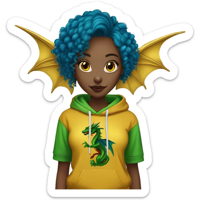 420 Lady with brunette and blue hair, hemp, gold, green dragon wings, maroon hoodie, 420, black and gold Nike t shirt, and bright red eyes sticker