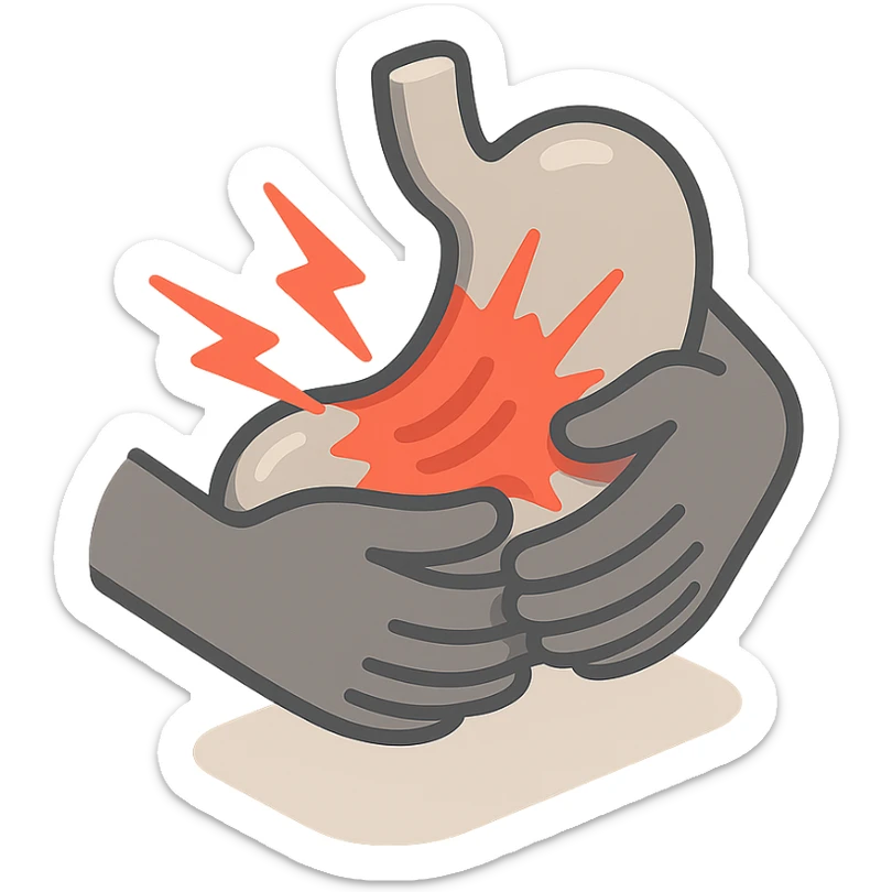 close-up of stomach pain, stomach held by hands, waves of pain, detailed shadows and highlights, no face or legs, transparent background sticker