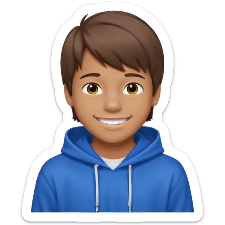 16 yr old boy, brown hair, straight, big smile, white teeth, tanned skin, bangs, hooded sweatshirt sticker