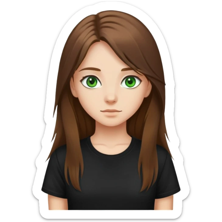 Girl emoji with brown, long hair, green eyes and a black t shirt sticker
