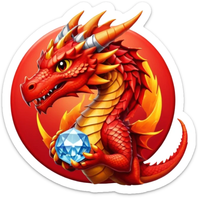 red dargon with the logo behind of a red cirlce with dimond shave with a cube red achritey sticker