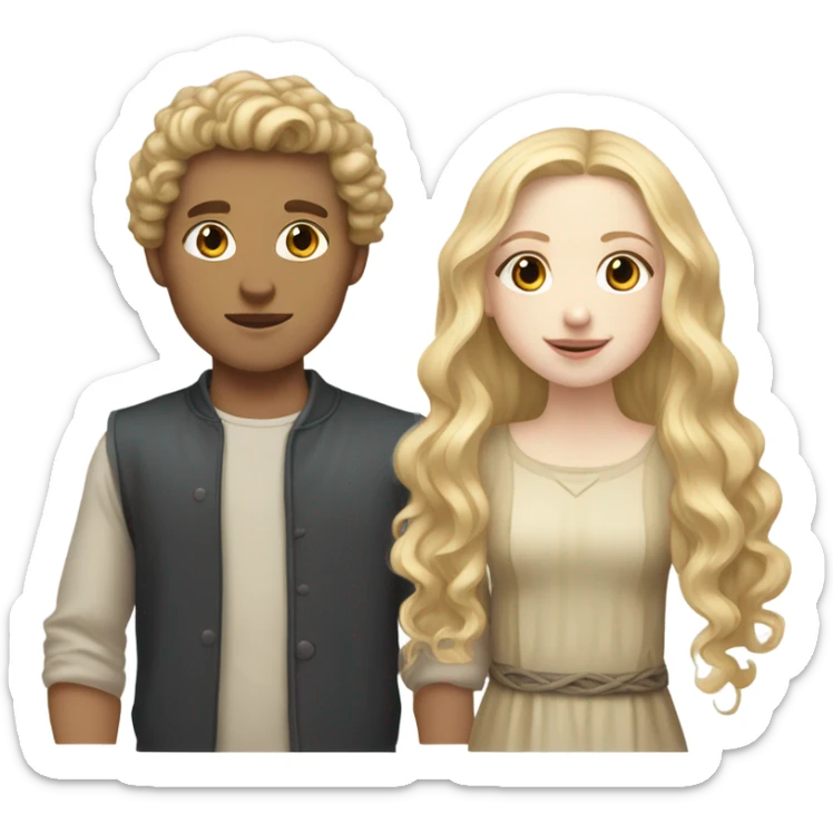 Pale girl with long slavic blonde hair with   a pale boy light brown  curly hair sticker