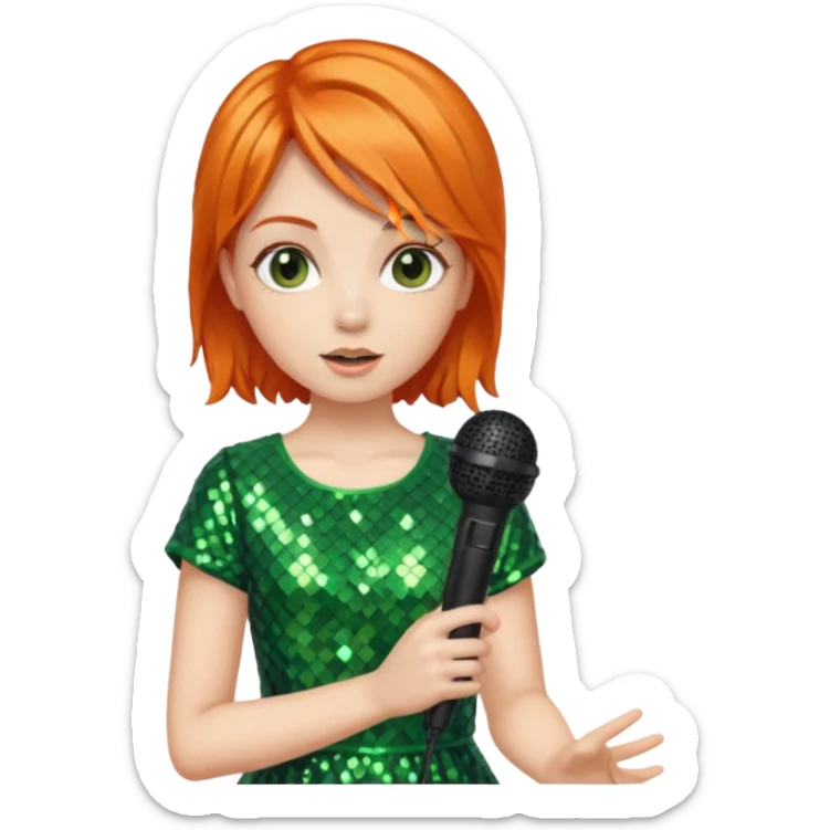girl in green blink dress, orange hair, holding a mic



















 sticker