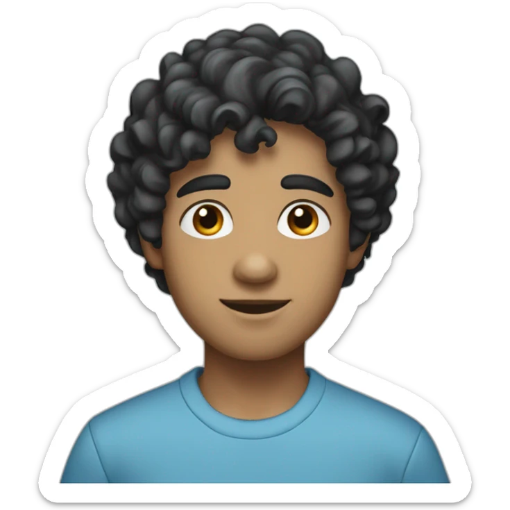 Young cobbler, white skin, black hair, curly hair,short hair, black eyes, wearing a blue shirt sticker