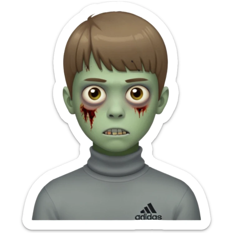 Crie um emoji de um menino com o cabelo castanho claro com uma franja reta e o corte low fade zumbi blusa de gola alta da adidas sticker