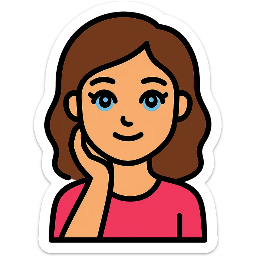 An icon-style emoji of a brunette girl with medium, slightly wavy hair, normal skin tone, a button nose, beautiful blue eyes with eyelashes, in a different pose. sticker