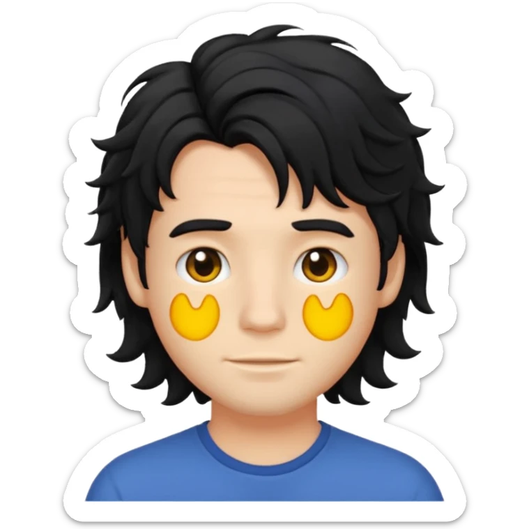 back view of a male with tousled middle-long wavy black hair, emoji style sticker