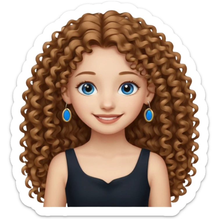 Girl with long light brown curly hair, blue eyes, black dress, hoops earrings. sticker