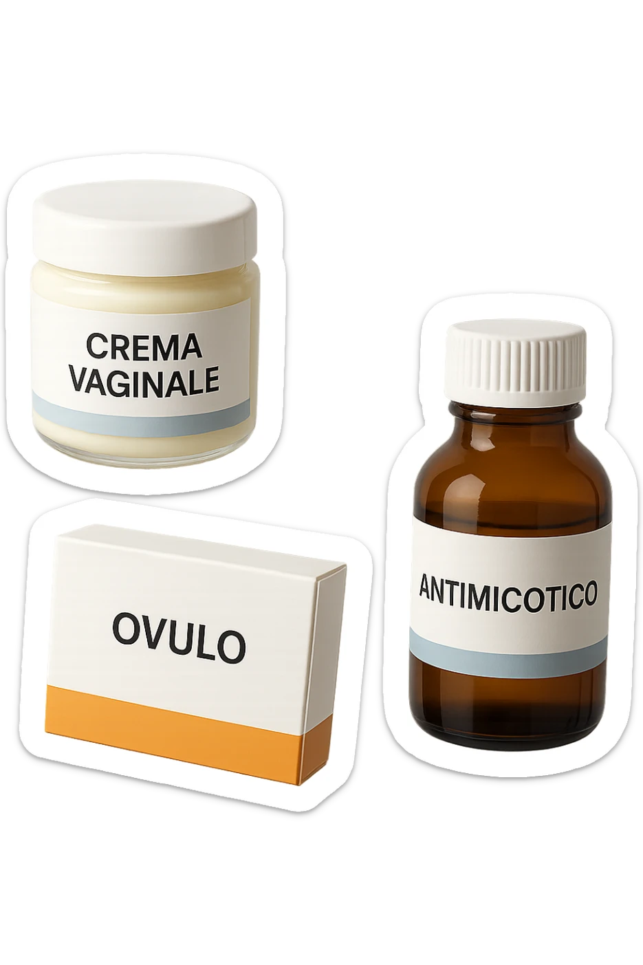 un barattolo di crema con la scritta "crema va**ale", una scatola con farmaco con la scritta "ovulo", un barattolo di farmaco con la scritta "antimicotico" in italiano sulle etichette, fluttuano in aria, IPERREALISTICO 4K sticker