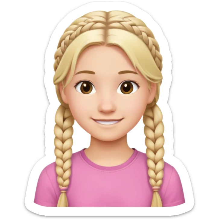 "- Nữ - 15 tuổi - Da trắng - Tóc vàng tết lọn nhỏ - Mặt xinh, áo hồng, cười" sticker