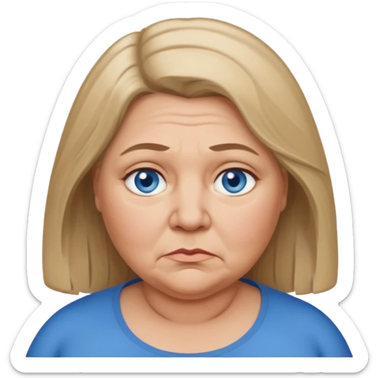 Head image of older very fat dark blonde woman with shoulder length hair and blue eyes. Neutral expression bordering on sad. sticker