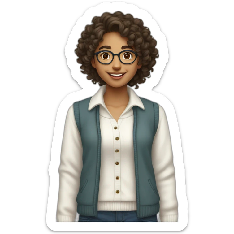 smiling indian teenage girl with curly hair and glasses wearing a collared long sleeve white shirt under a white sweatervest sticker