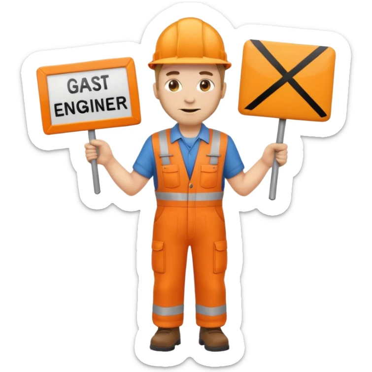 emoji style railway engineer full body in orange overalls, holding a sign in front of their chest sticker