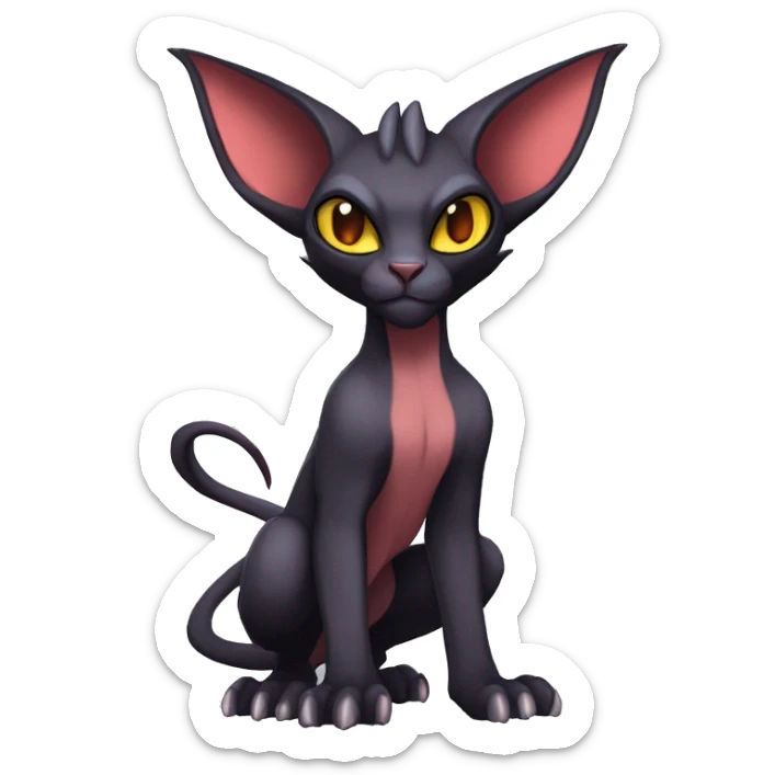 Black cool vampiric Noivern-Litten-Sphynx-Lykoi-Caracal-Fakemon with big bat ears full-body sticker
