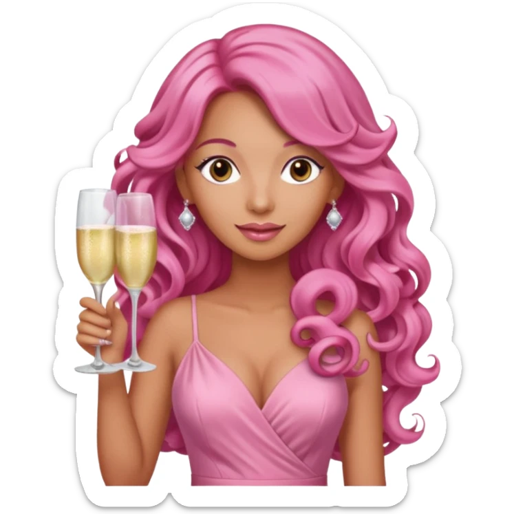One lady with long pink curled hair and tan skin holding two pink champagne glasses sticker