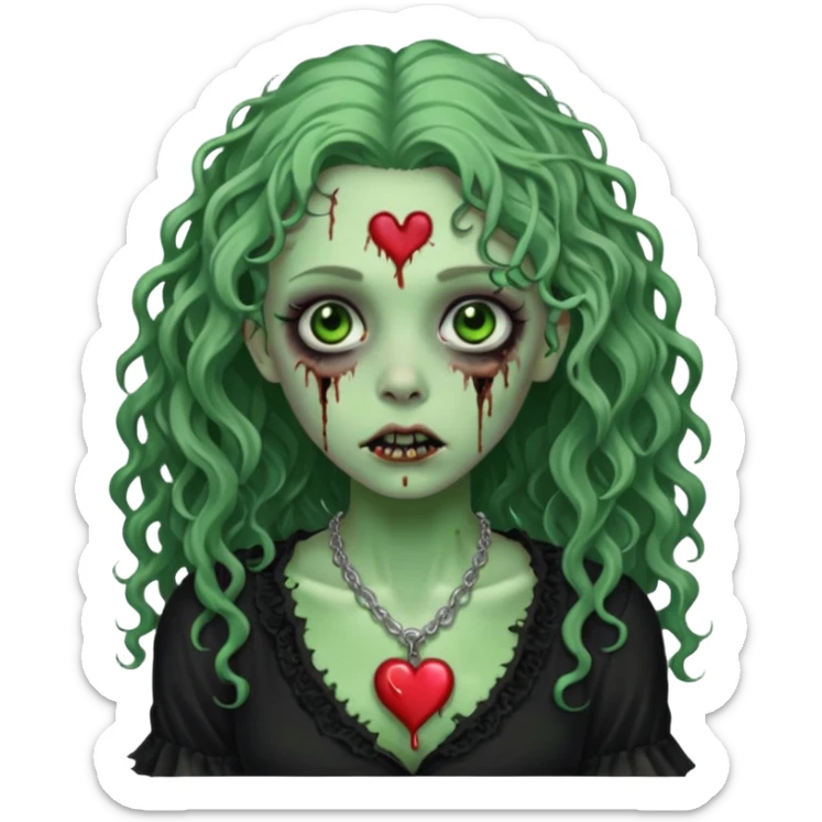 a green zombie girl with a scar on her face, long curly hair, wearing a black blouse and a silver necklace with a heart pendant. sticker